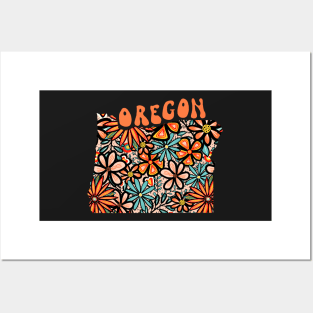 Oregon State Design | Artist Designed Illustration Featuring Oregon State Filled With Retro Flowers with Retro Hand-Lettering Posters and Art